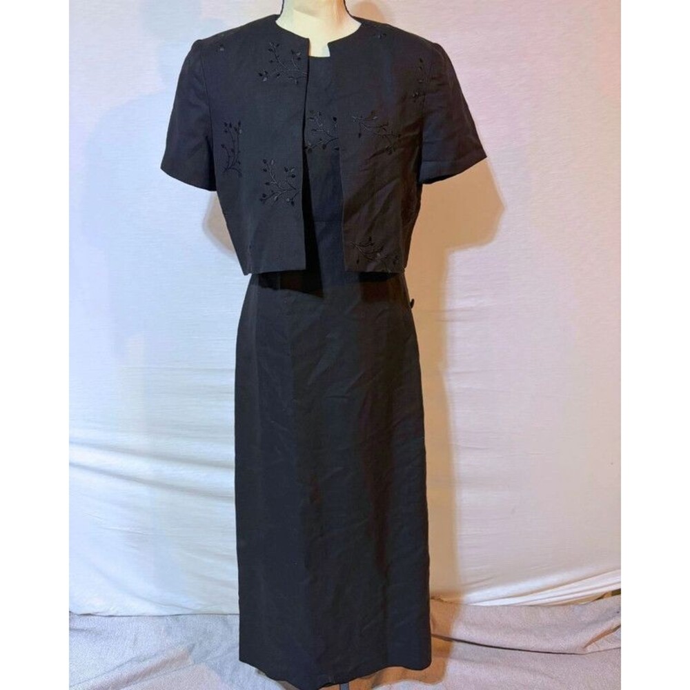 Donna Ricco Black Linen 2 Piece Dress Jacket Set Size 4 Embroidered Crop